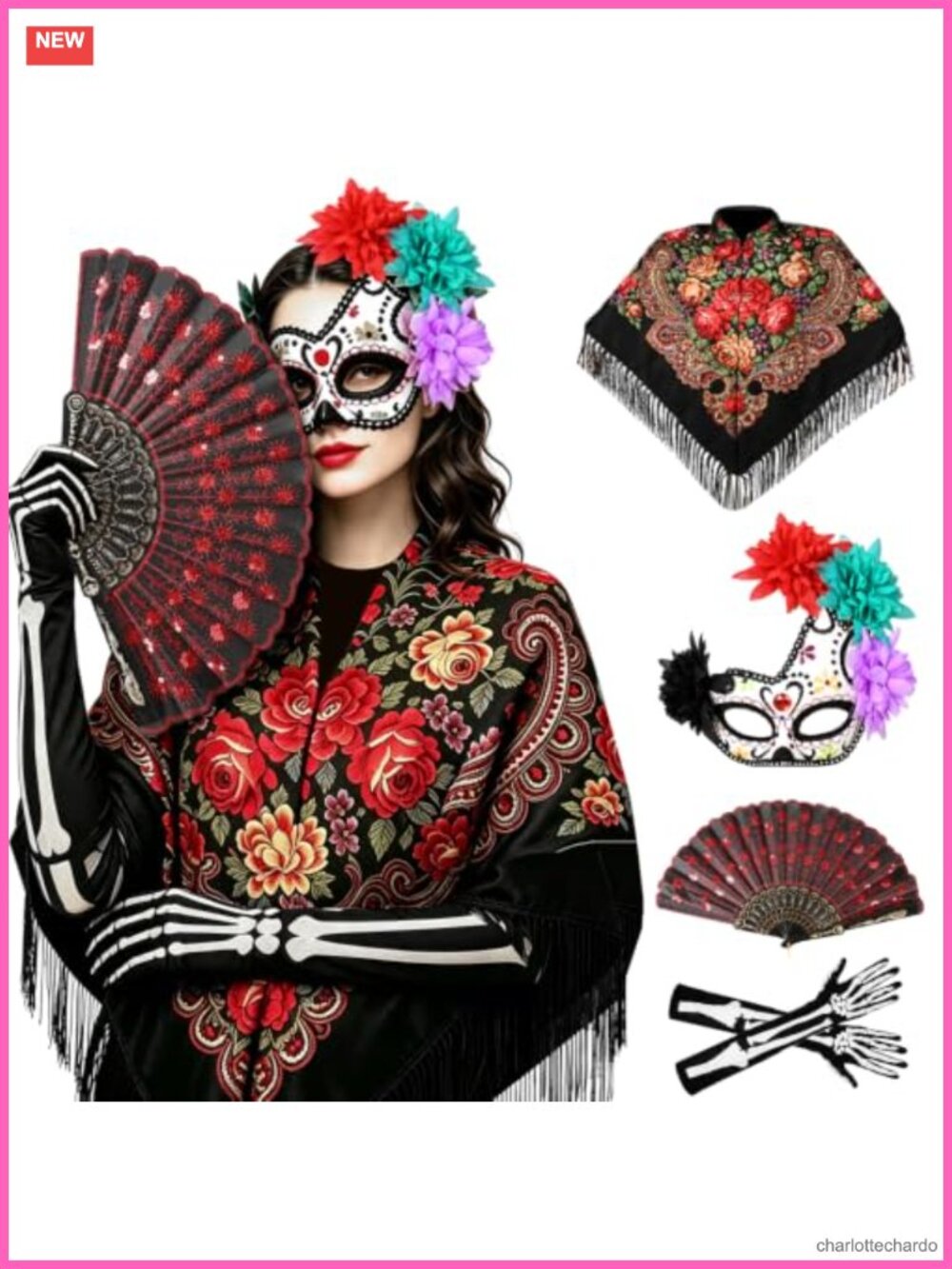 Day of the Dead Costume Set 4 Pc Shawl Sugar Skull Mask Fan Gloves